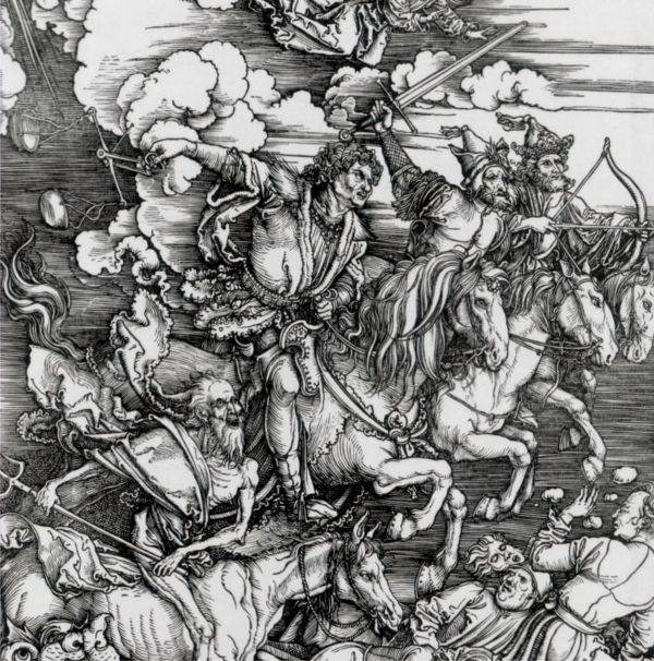 "Cei patru călăreţi ai Apocalipsei" - gravură în lemn realizată în 1498 de Albrecht Durer (1471-1528). "Cei patru călăreţi ai Apocalipsei" - gravură în lemn realizată în 1498 de Albrecht Durer (1471-1528).